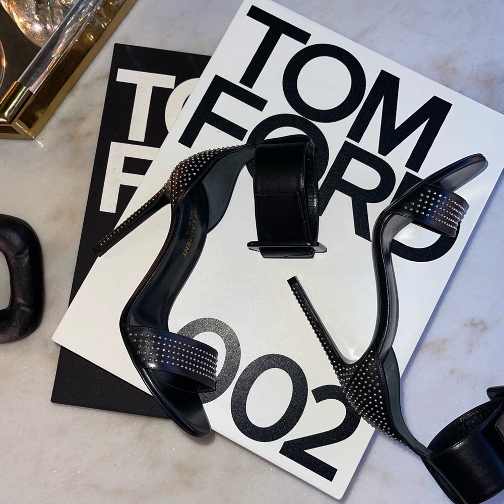 Saint Laurent Studded Ankle-Wrap Sandal with Oversize Buckle in Black